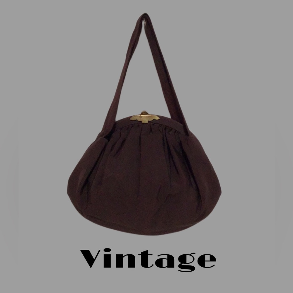 Vintage Handbag, Arced Framed, Unique Clasp, Hanging Coin‎ Purse Inside, Brown